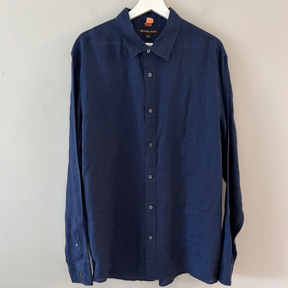 Michael Kors Mens XL Navy Blue 100% Linen Tailored Fit Long Sleeve Button Down